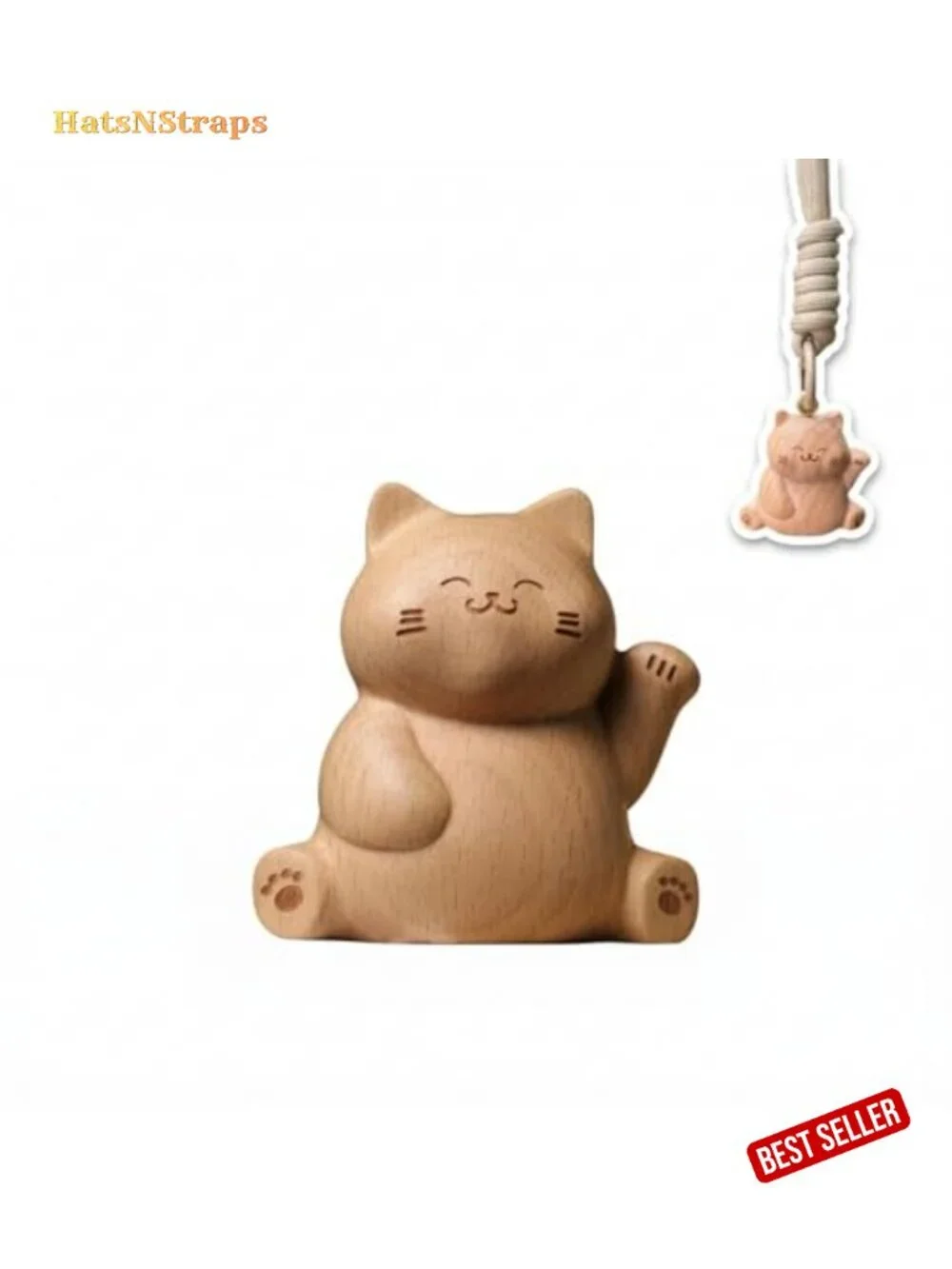 Hand-Carved Wood Cat Keychain Bag Charm Solid Beech Wood Pendant Gift